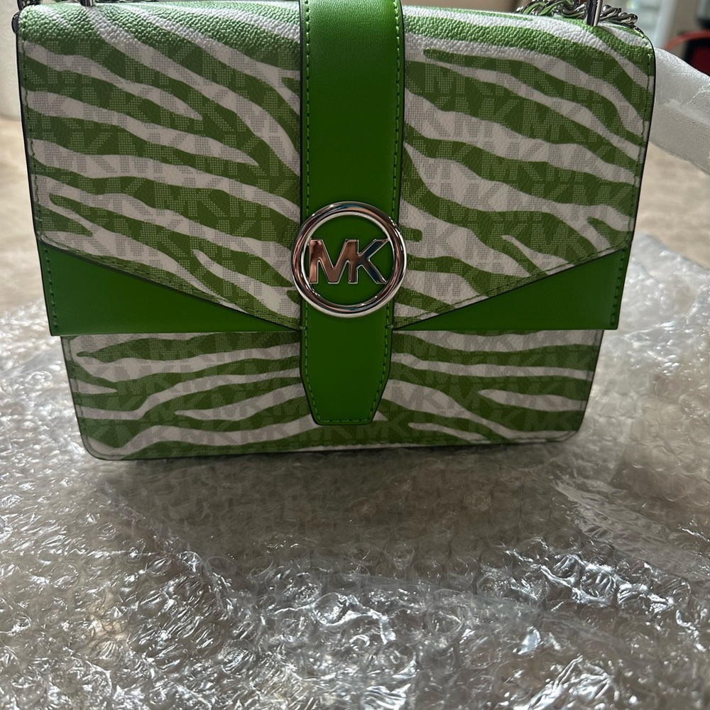 Michael Kors Zebra Print Jungle Green and White Crossbody Bag